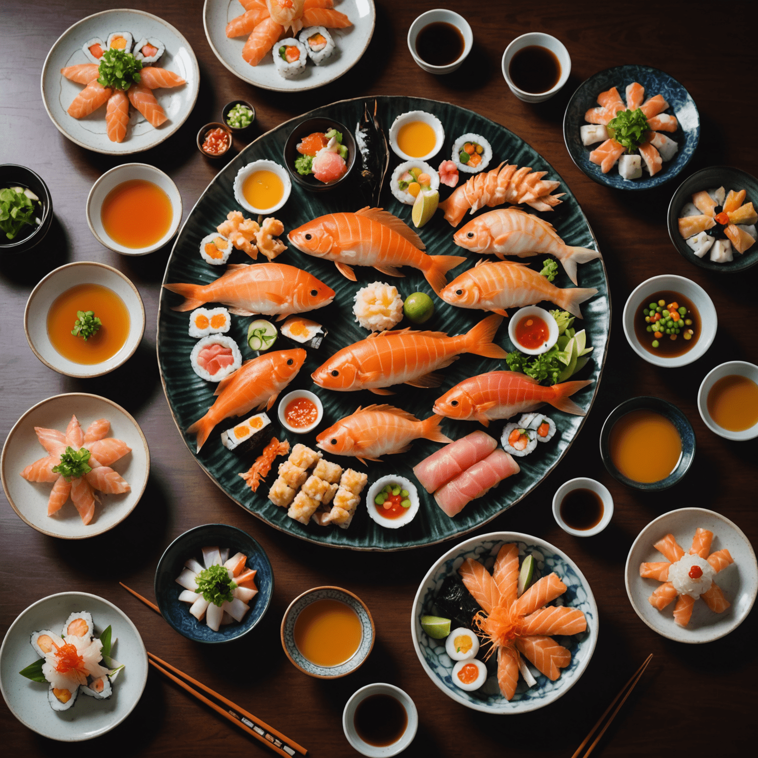 新鮮な魚介類を使った美しい和食の盛り付け。中央に大きな皿があり、刺身、焼き魚、天ぷらなどが芸術的に配置されています。背景には和風の装飾が見えます。