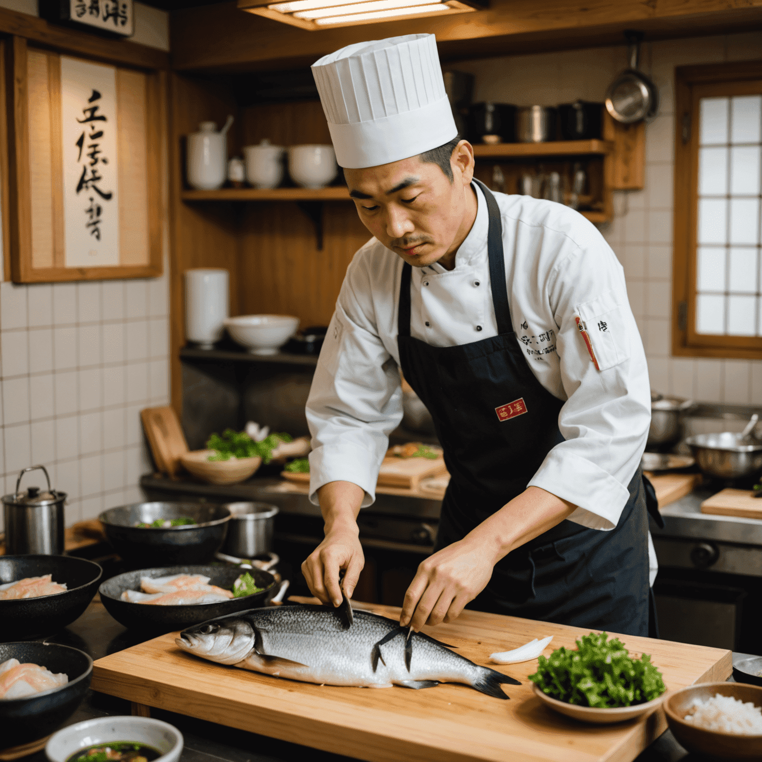 和食の料理長が新鮮な魚を調理している様子。背景には日本の伝統的な厨房が見える。