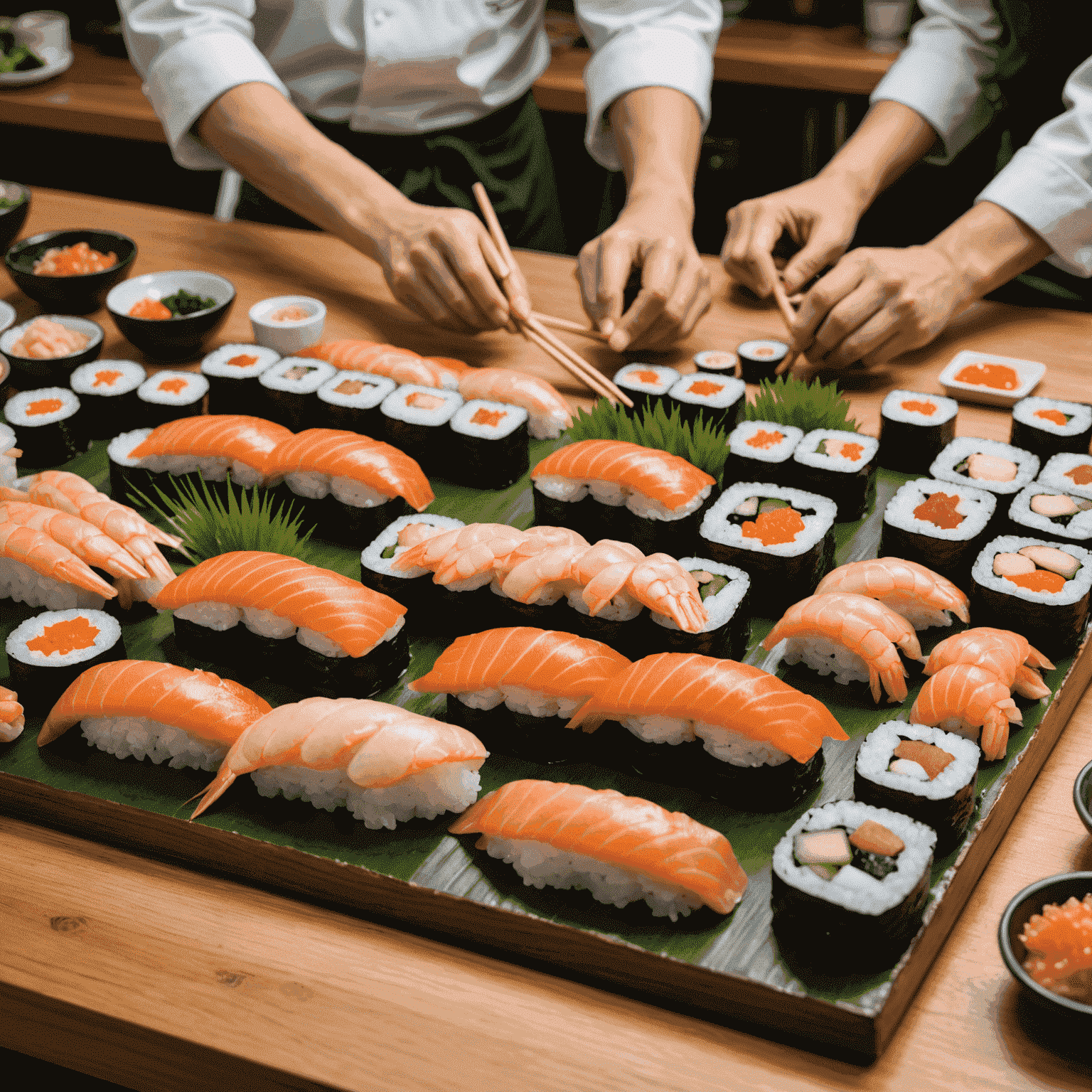 新鮮な魚介類が美しく並べられた寿司カウンター。職人が丁寧に寿司を握っている様子。