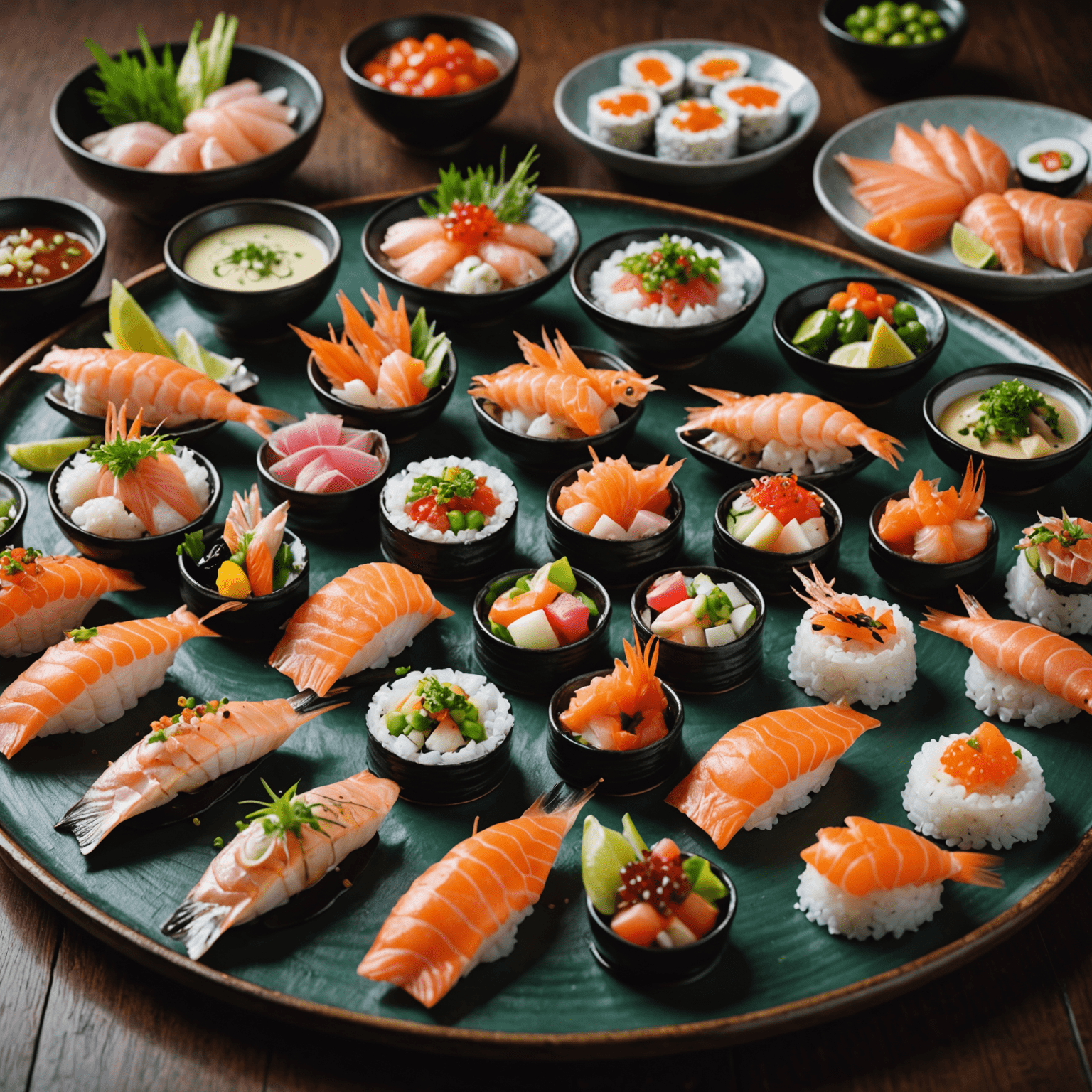 季節の魚介類を使用した美しく盛り付けられた前菜。新鮮な刺身、焼き魚、蒸し物などが小皿に盛られている。