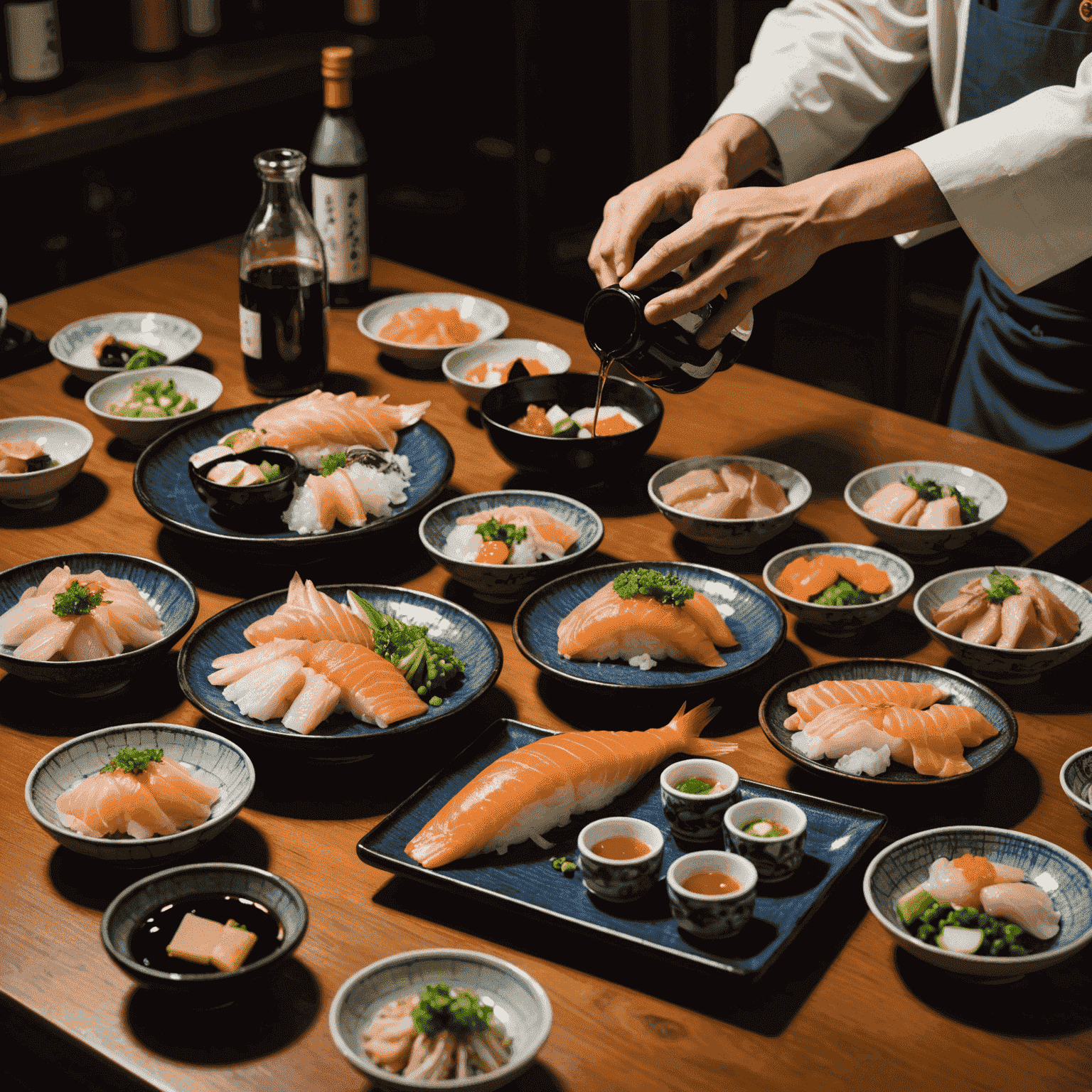 日本酒と魚料理のペアリング。テーブルに並べられた様々な種類の日本酒と、美しく盛り付けられた刺身や焼き魚。ソムリエが日本酒を注いでいる様子。