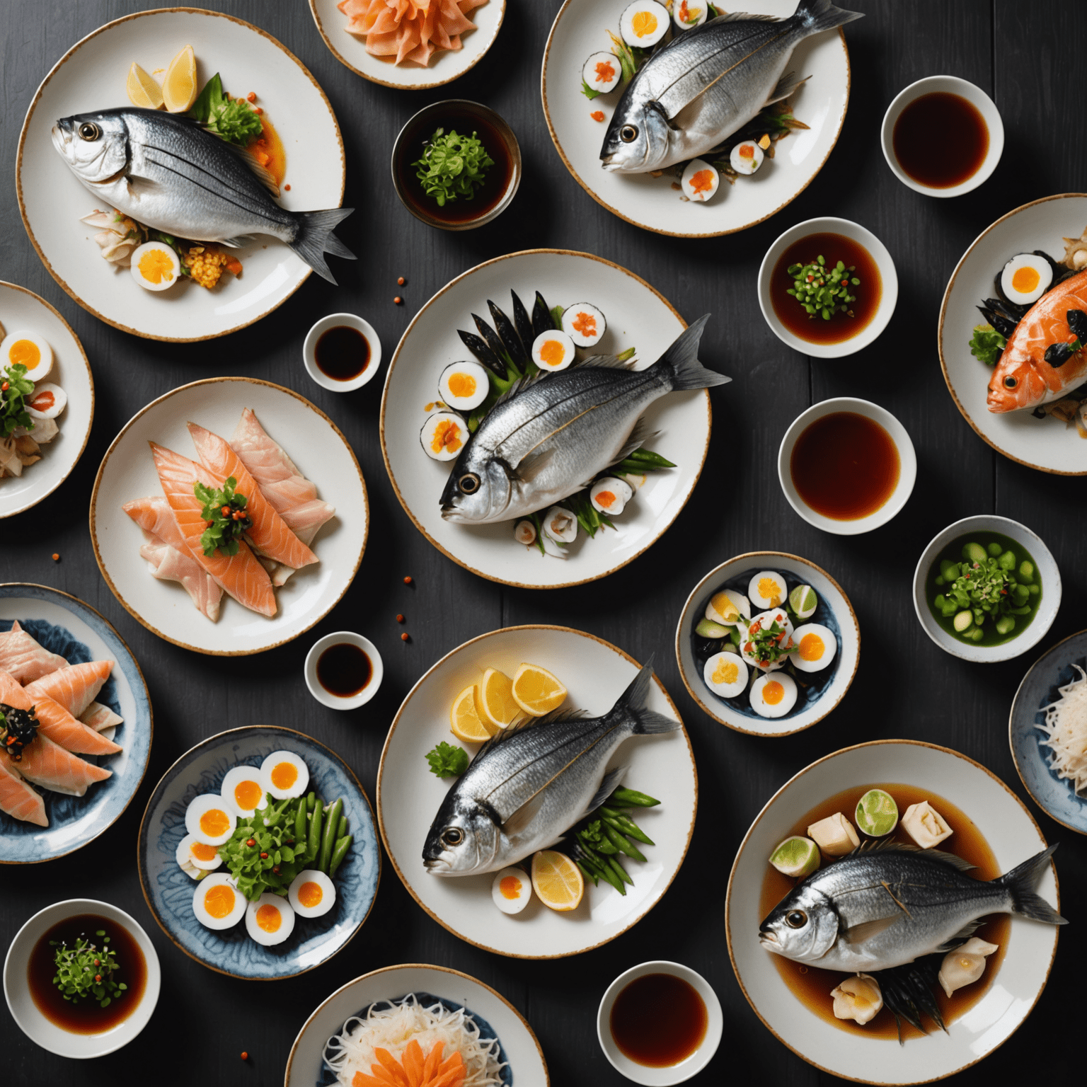 四季折々の魚料理が美しく盛り付けられた4つの皿。春の桜鯛、夏の鰹、秋の秋刀魚、冬のフグが見える。