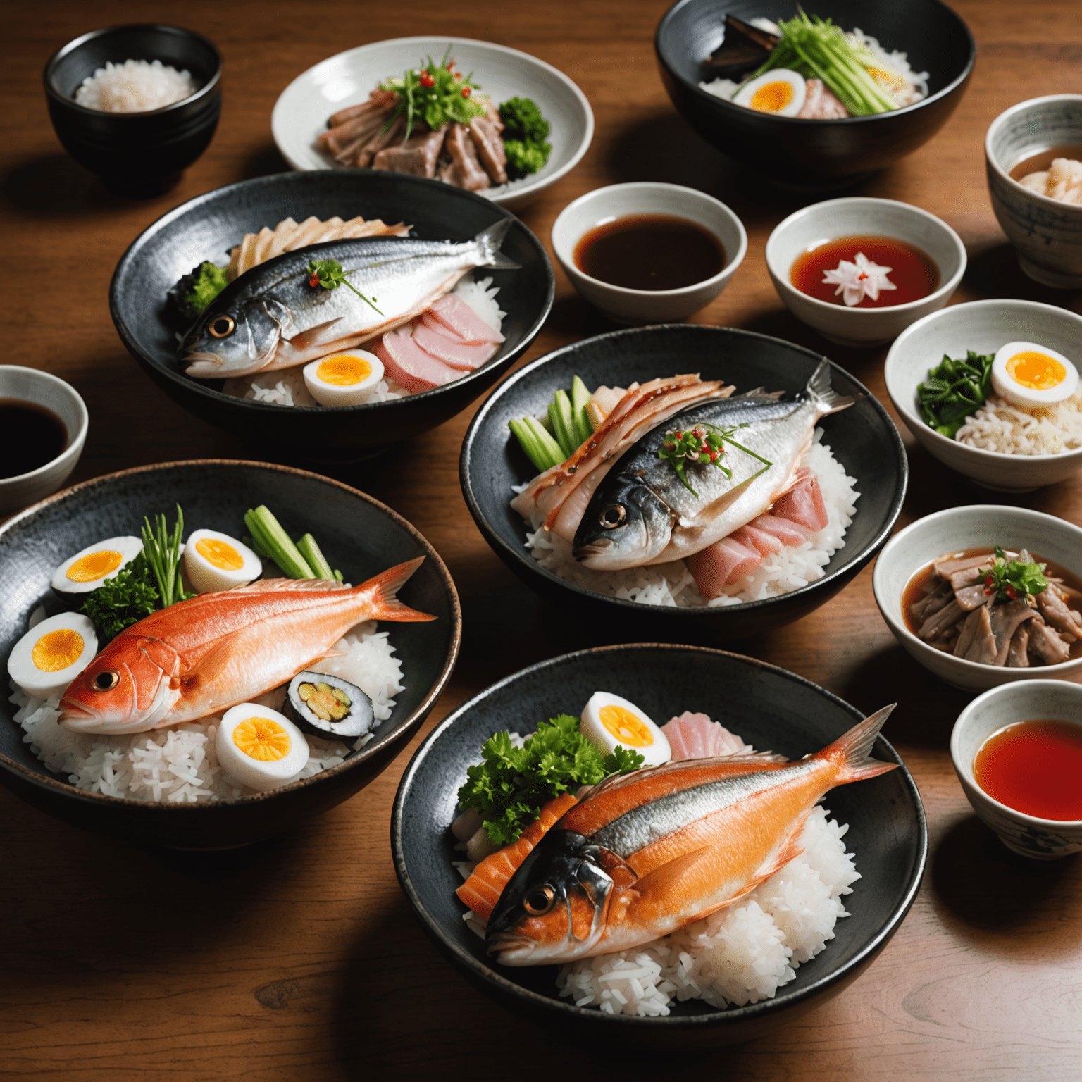 四季折々の日本の魚料理。春の桜鯛、夏の鰻丼、秋の秋刀魚塩焼き、冬の寒ブリしゃぶしゃぶが美しく盛り付けられている。