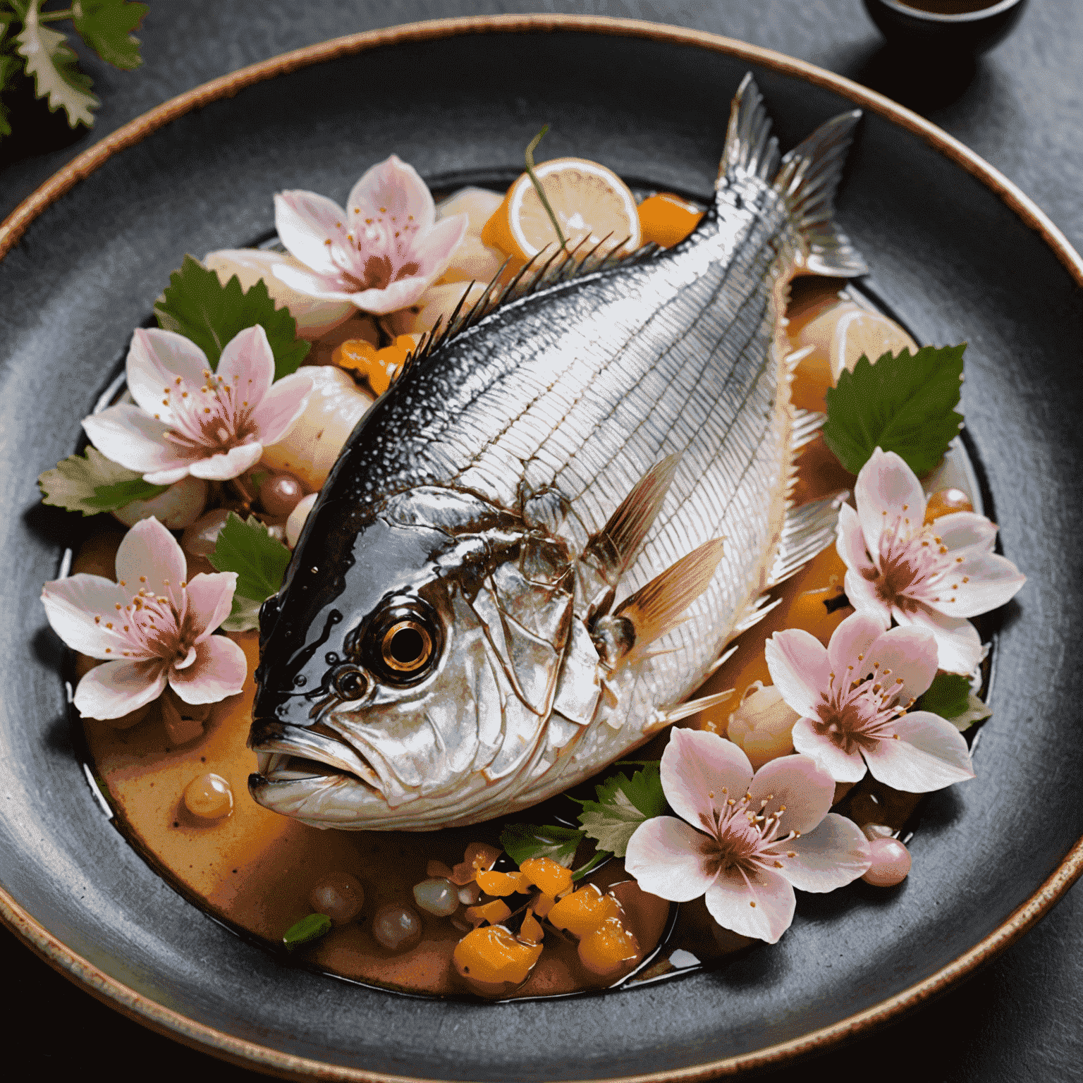 季節の魚を使った美しく盛り付けられた料理。春の桜鯛や秋の秋刀魚など、季節感あふれる一皿。