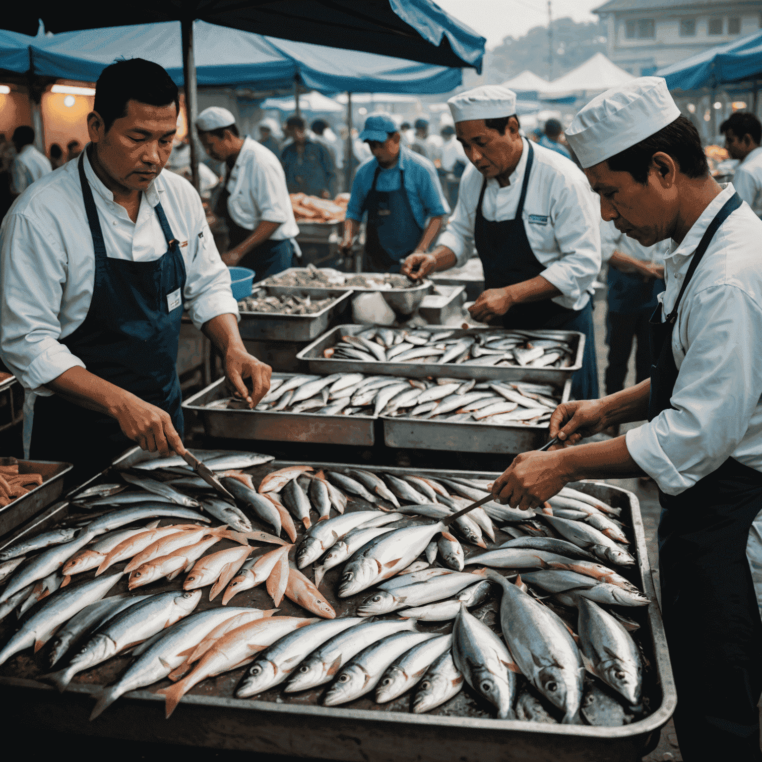 早朝の魚市場で、料理長が地元の漁師から新鮮な魚を選んでいる様子。周りには様々な種類の魚が並んでいる。