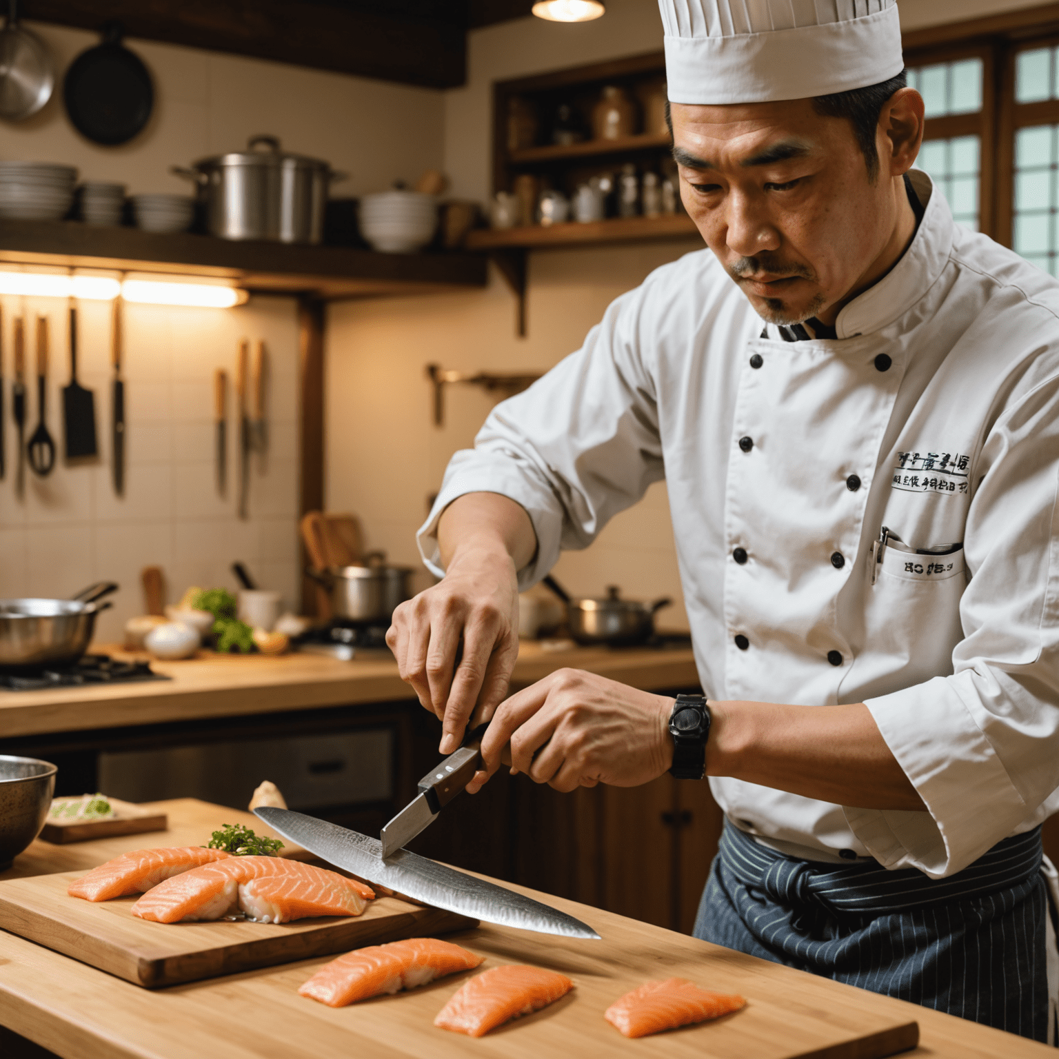 日本料理の伝統的な包丁を持ち、魚を捌く熟練したシェフの姿。背景には日本の伝統的な厨房が見える。