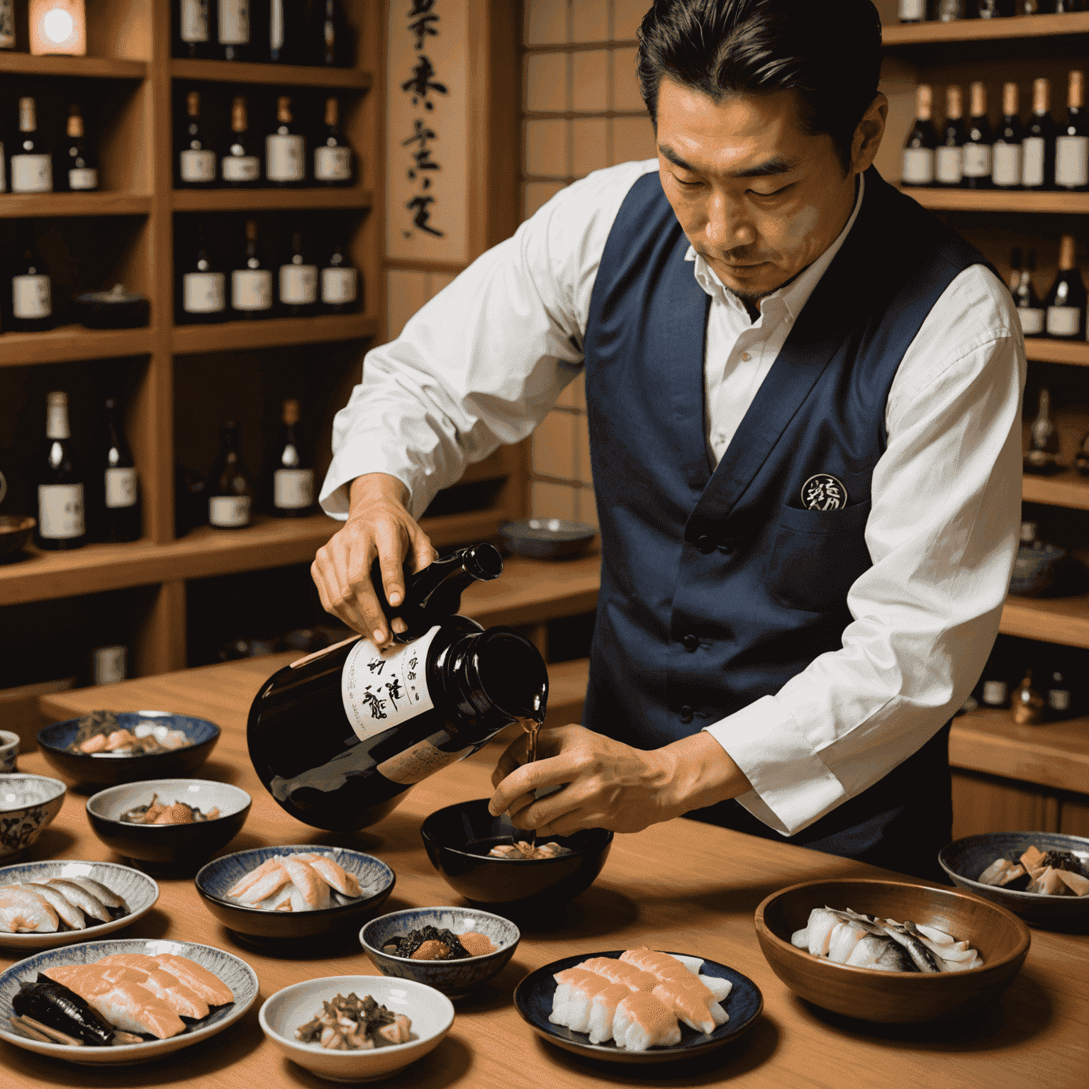 様々な種類の日本酒と魚料理が並べられている。ソムリエが日本酒を注いでいる様子。